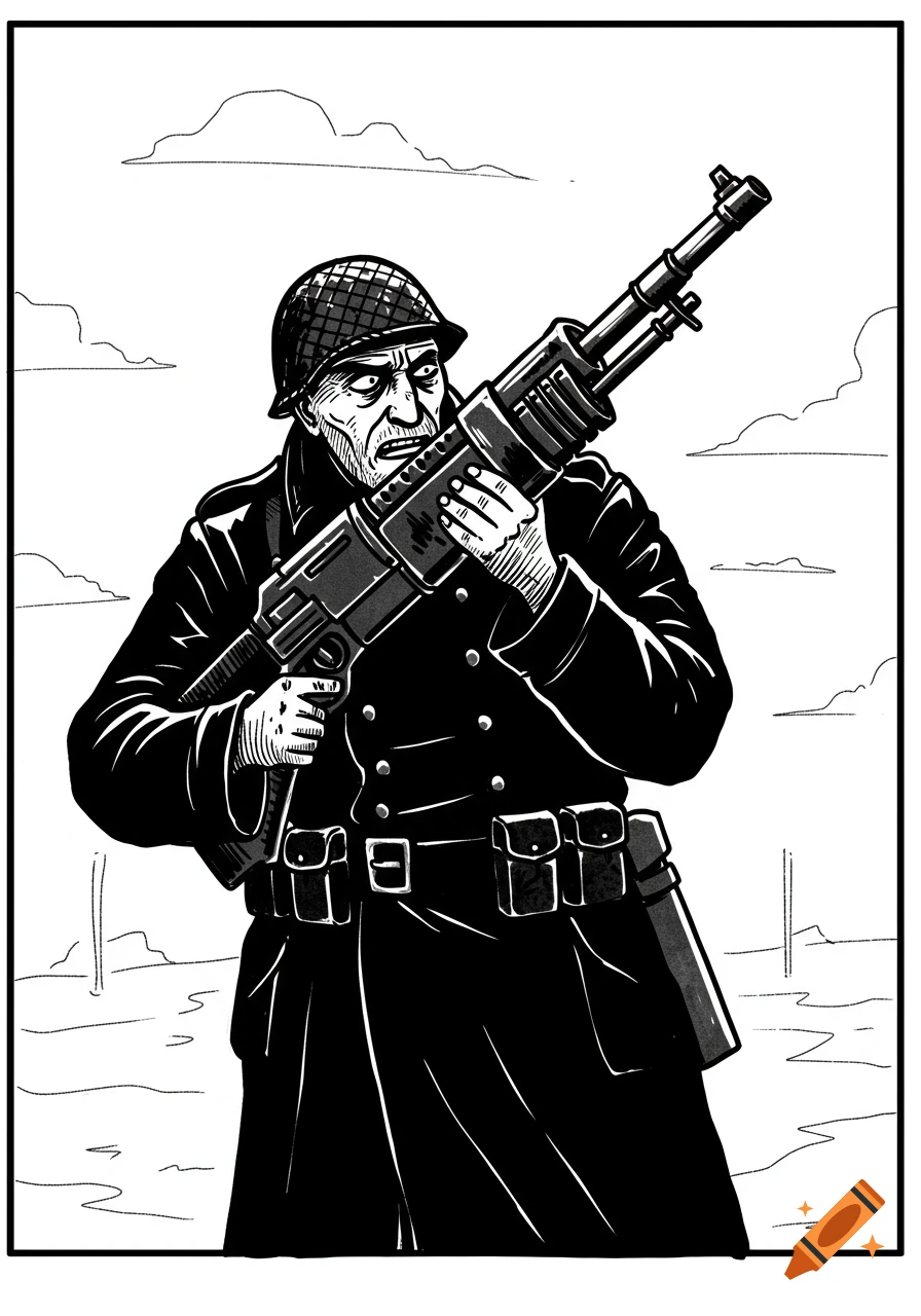 Stark black and white illustration of a figure in a helmet and coat holding a hybrid gas pump/rifle