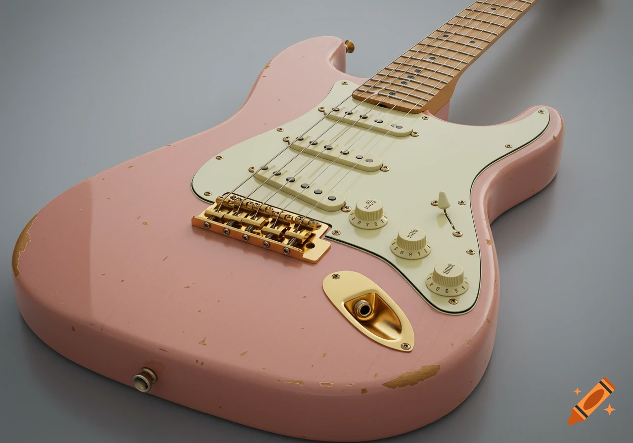 Close-up view of a pink electric guitar with gold hardware and relic'd finish.