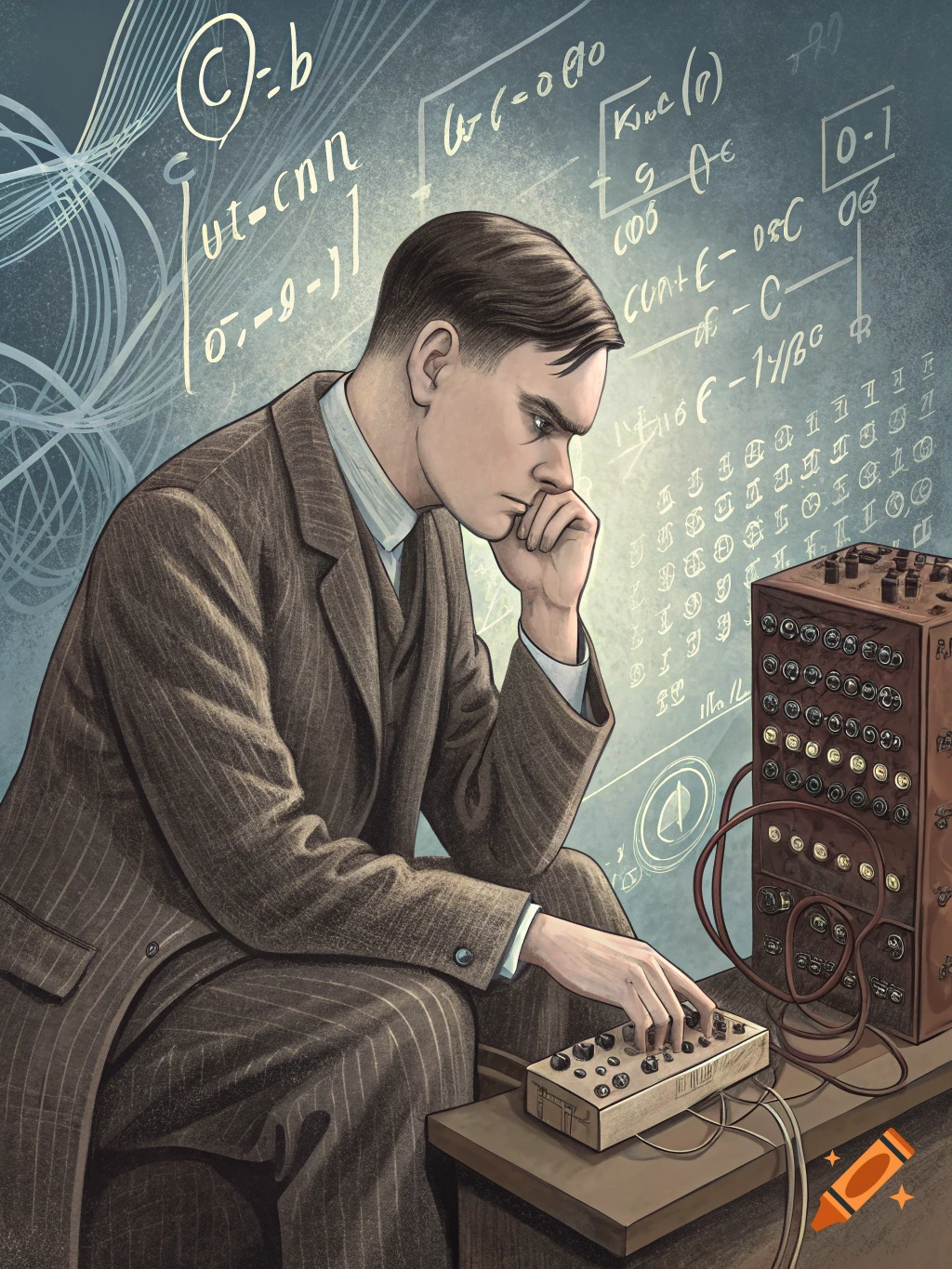 Illustration of a man resembling Alan Turing working on an early computing machine, with mathematical notation behind him.