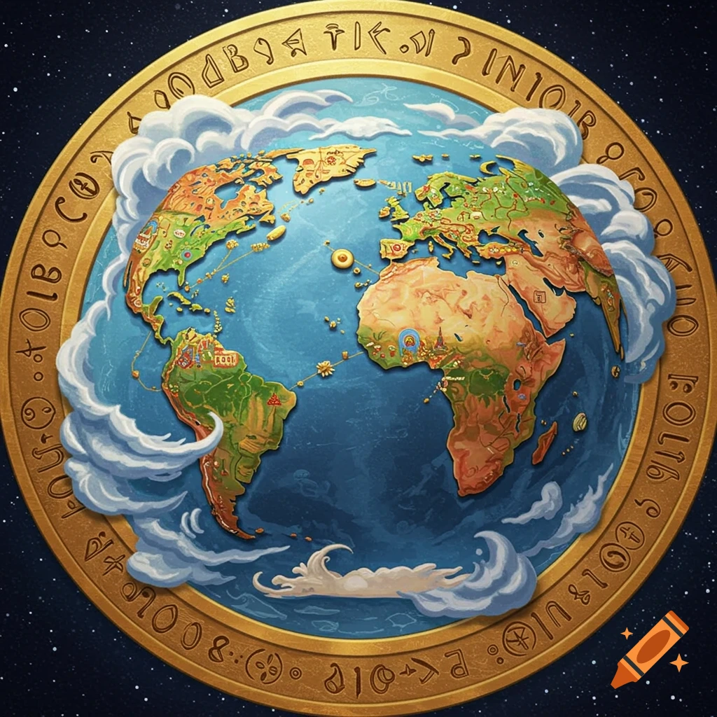 Illustration of a detailed globe surrounded by a golden ring with symbols and clouds.