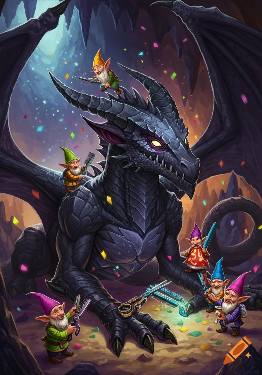 A large black dragon sits in a dark cave while several small gnomes use oversized tools like scissors and combs to groom it, surrounded by confetti.