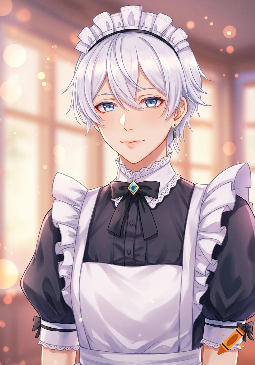 Close-up anime portrait of a young person with white hair and blue eyes, smiling softly while wearing a maid outfit.