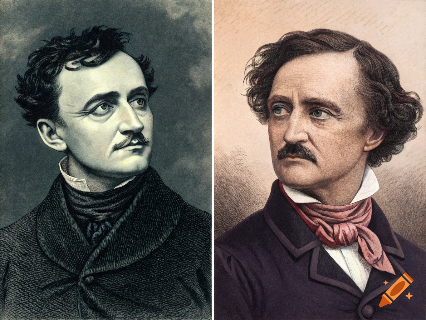 Diptych of Edgar Allan Poe portraits in historical illustration style. Left portrait monochrome, right portrait color.