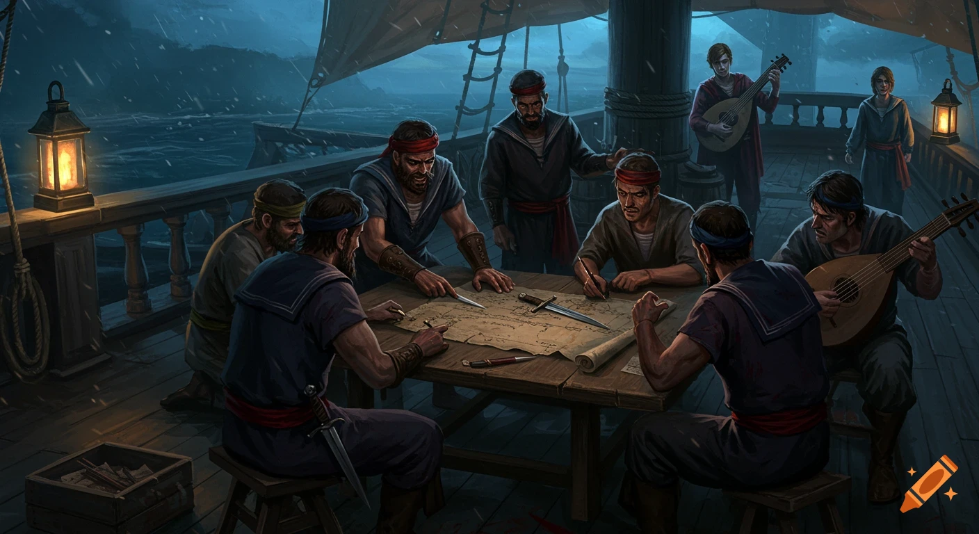 Sailors plot over a map on a ship deck at night, stormy sea in background. Digital painting.