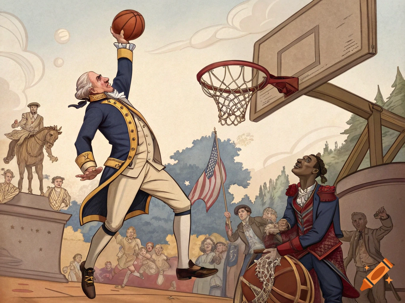 Illustration of George Washington dunking a basketball over another player, in a historical setting with a crowd watching.