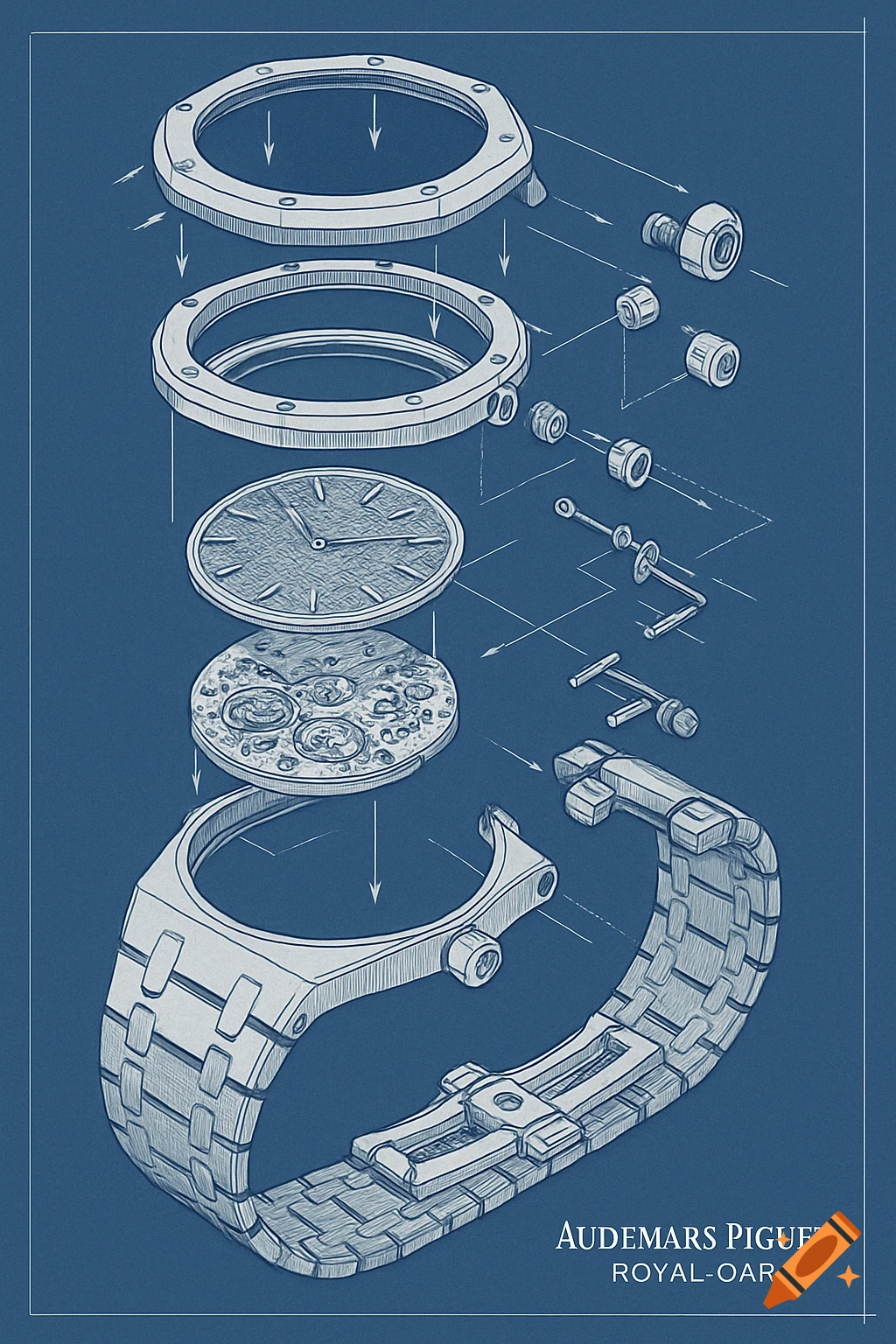 Exploded view technical drawing of a watch on a blue background