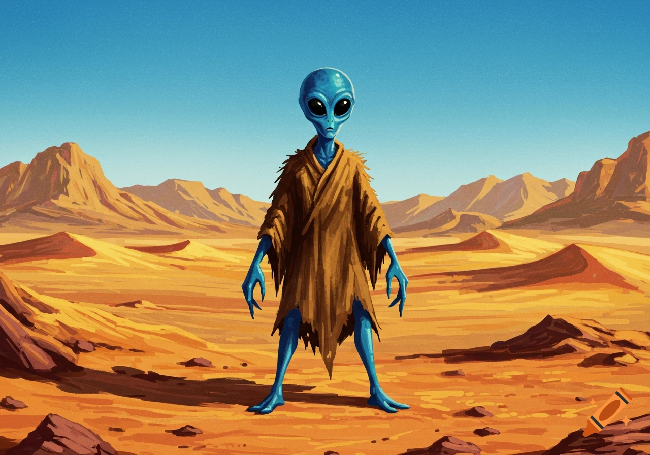 A blue alien in a torn brown robe stands in a sandy desert landscape.