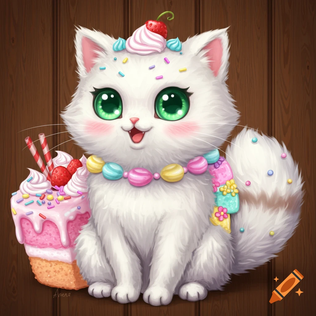 Cute cartoon white cat with frosting on its head and sprinkles, sitting next to a large cake on a wooden background. Illustration.