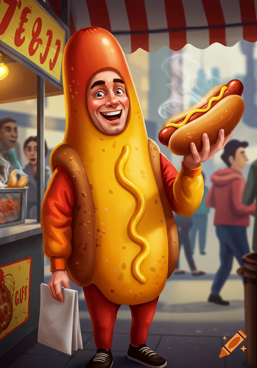 Man in a hotdog costume stands by a food cart, holding a hotdog.