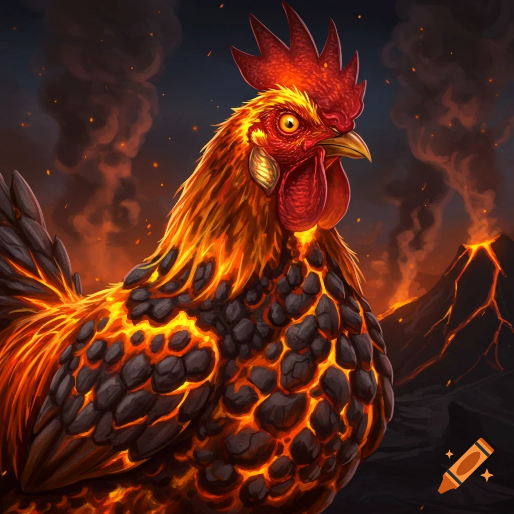 A rooster made of lava and volcanic rock stands before erupting volcanoes.