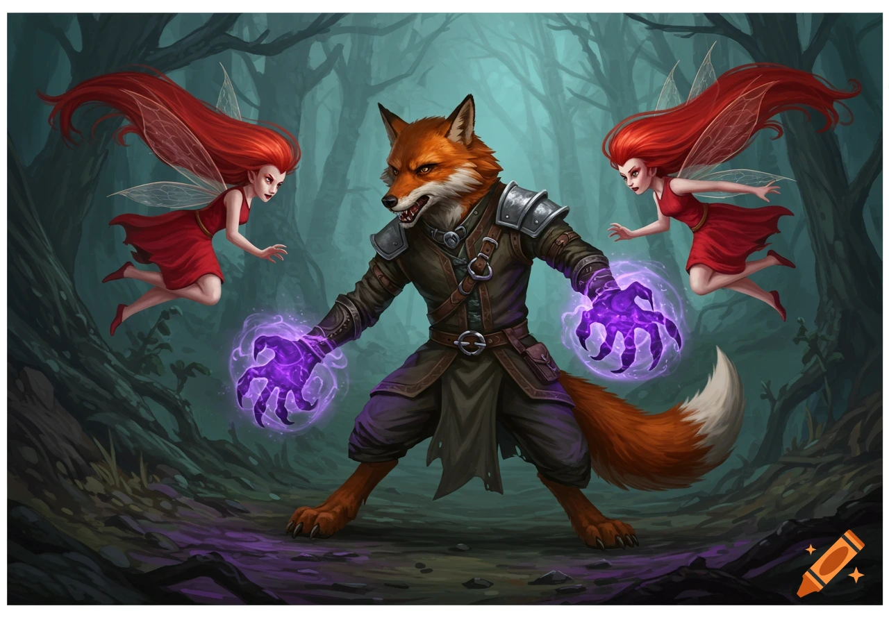 Fox-like warrior in armor casts purple magic as two red-haired fairies fly nearby in a forest.