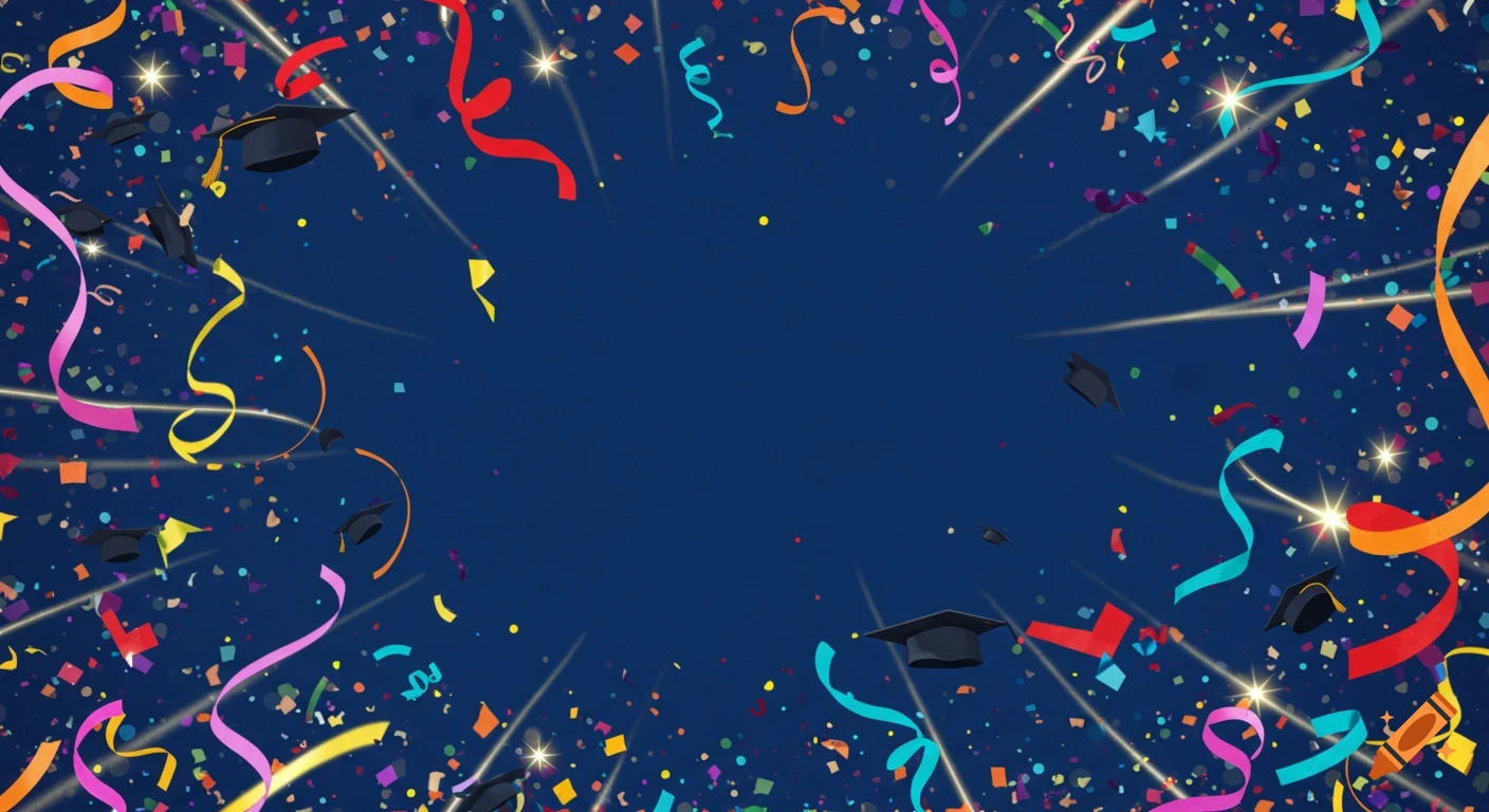 Festive graduation background with confetti, streamers, graduation caps, and light bursts.