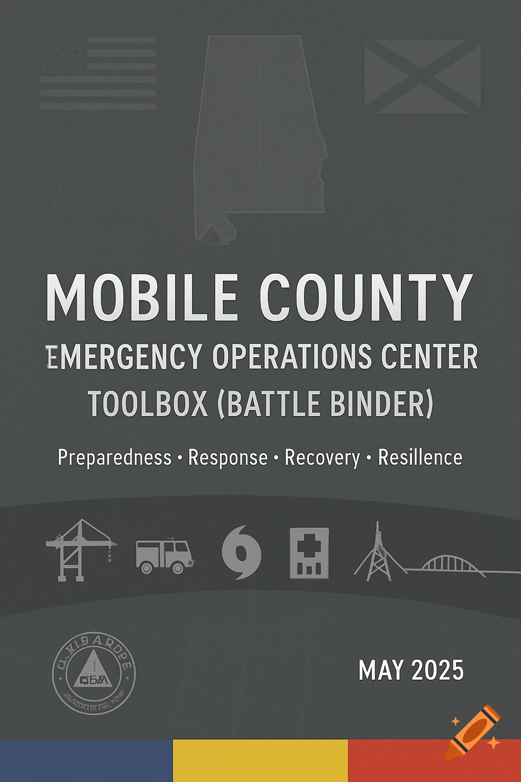 Cover page graphic for a Mobile County Emergency Operations Center document with title, icons, and flags.