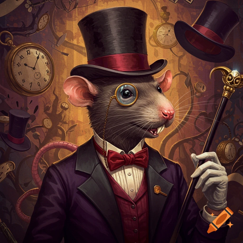 A rat dressed as a dandy wearing a top hat and monocle, holding a cane, surrounded by clocks.