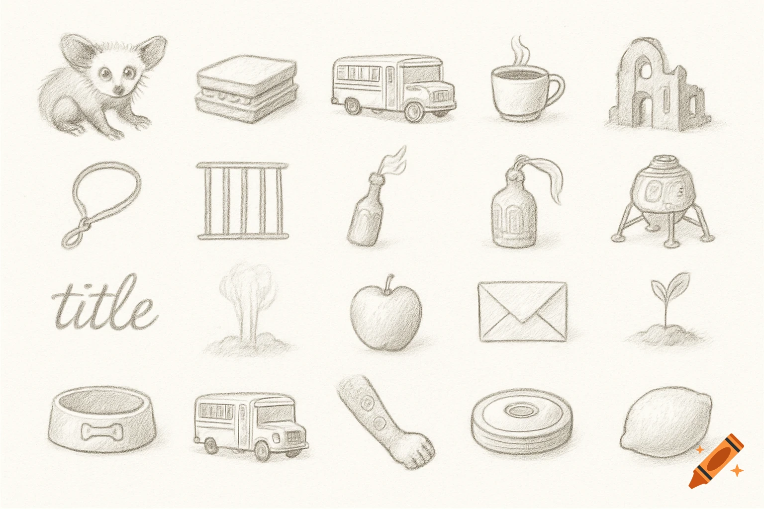 Collection of simple pencil sketches of various objects and the word 'title'.