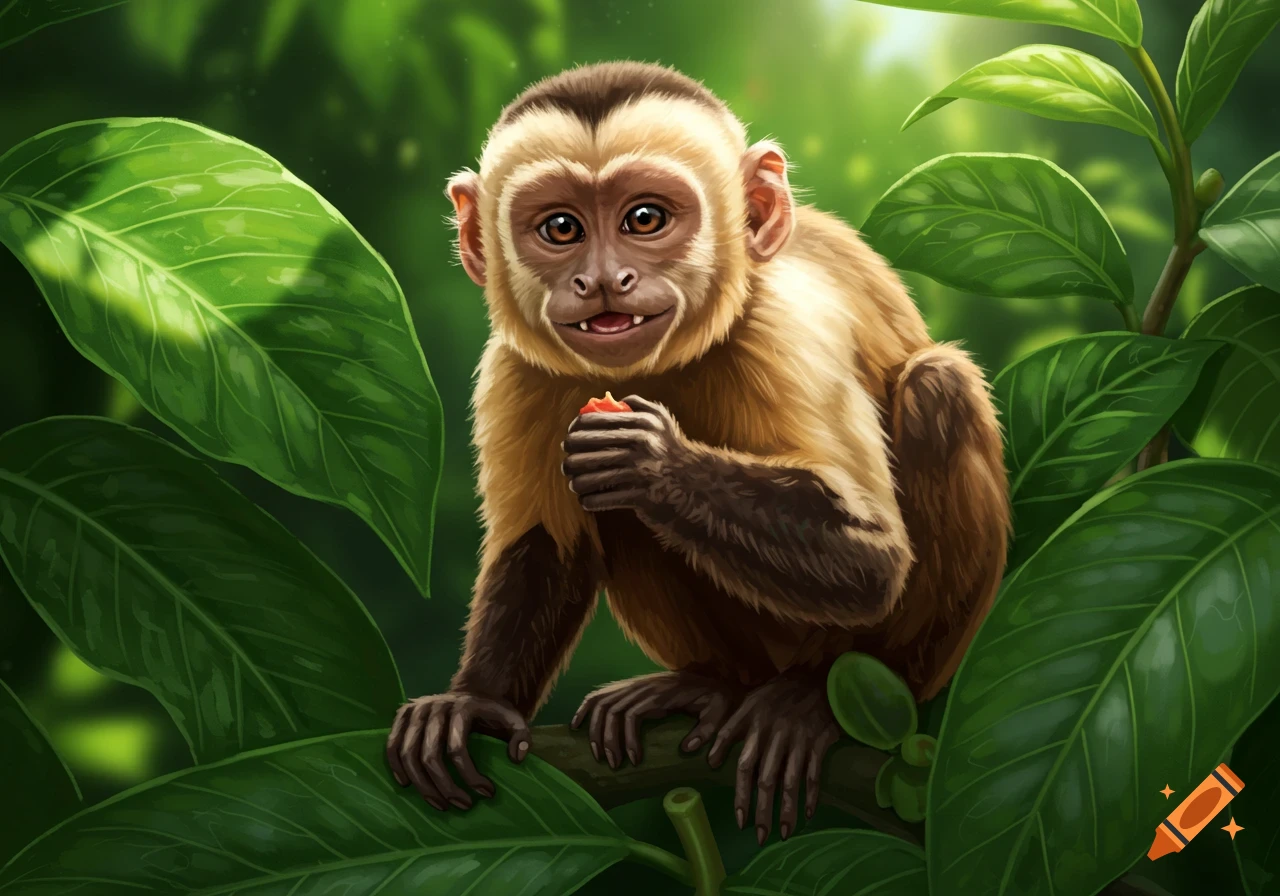 A cute baby monkey sits in lush green leaves, eating a piece of fruit. Digital painting.