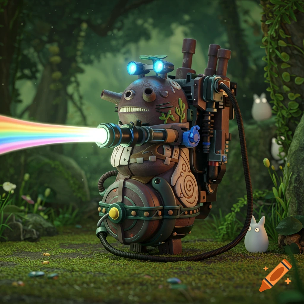 A cute robot-like creature with a backpack shoots a rainbow beam in a whimsical forest with small white creatures.