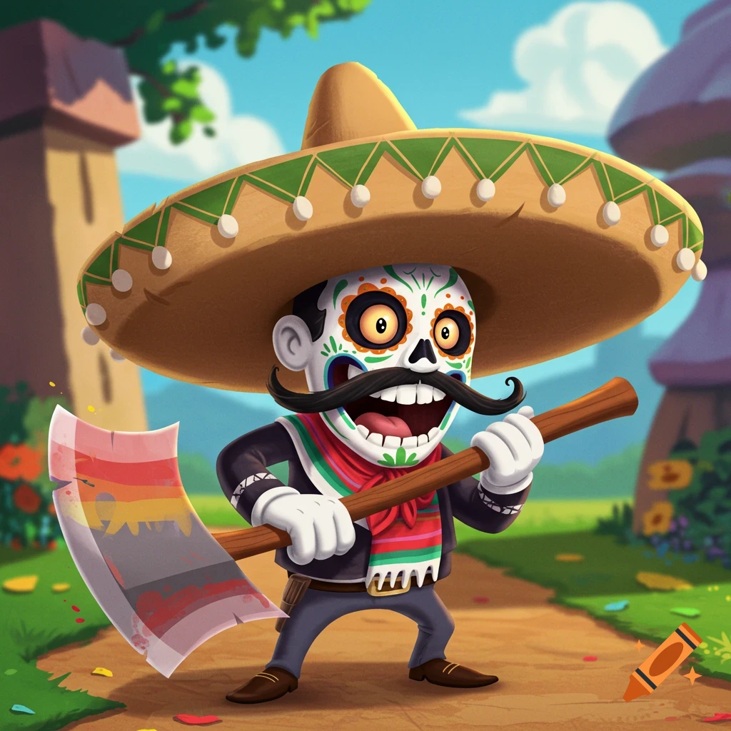 A cartoon character with a sugar skull face, large mustache, and sombrero holds a bloody axe.