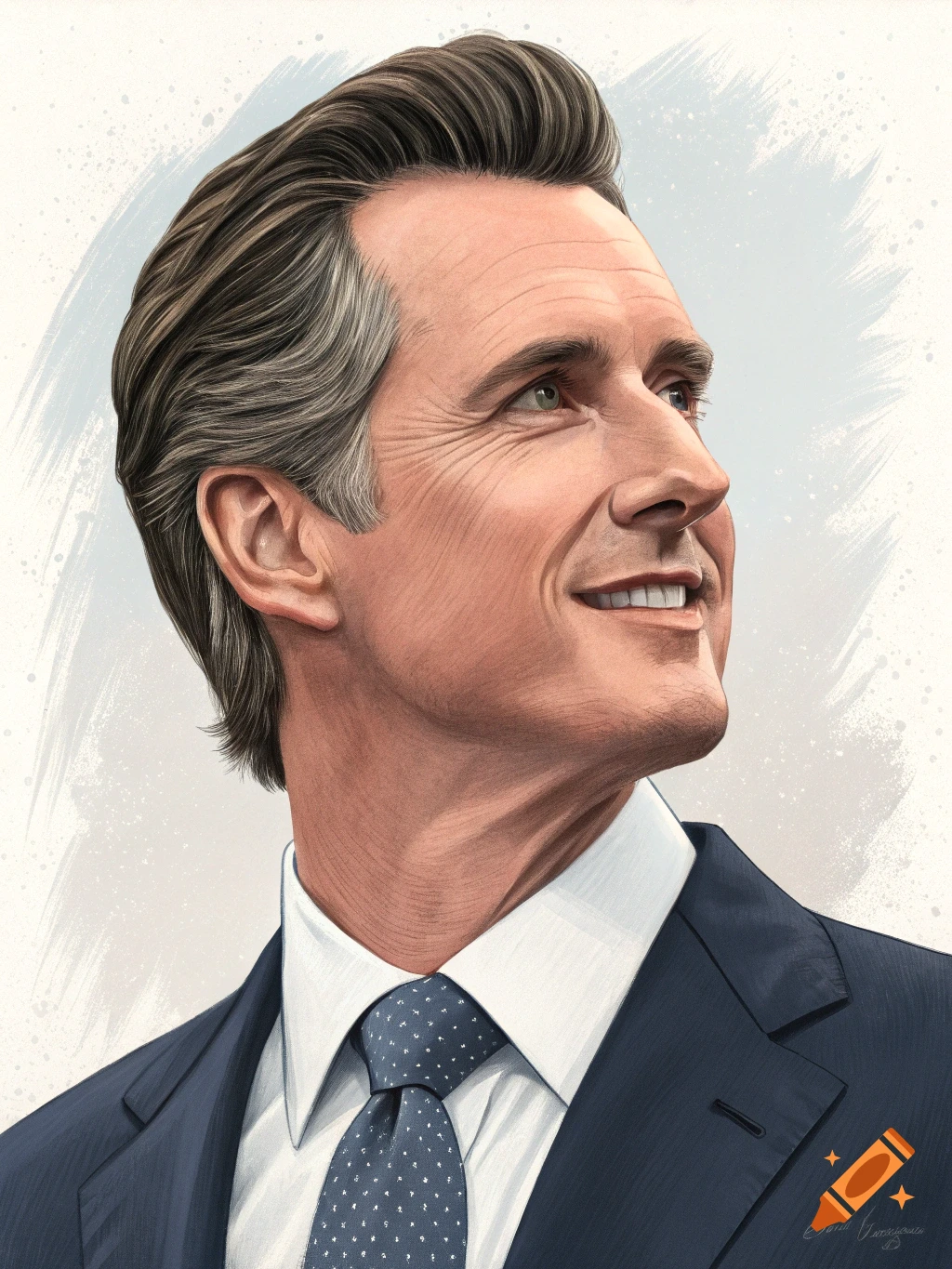 Illustration of a man in a suit and tie, looking up and smiling slightly
