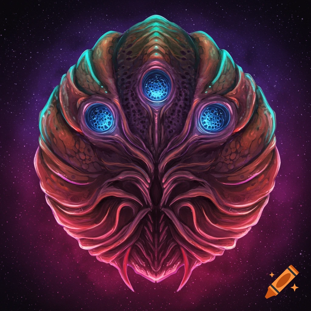 Detailed illustration of an alien creature with three glowing blue eyes against a starry space background.