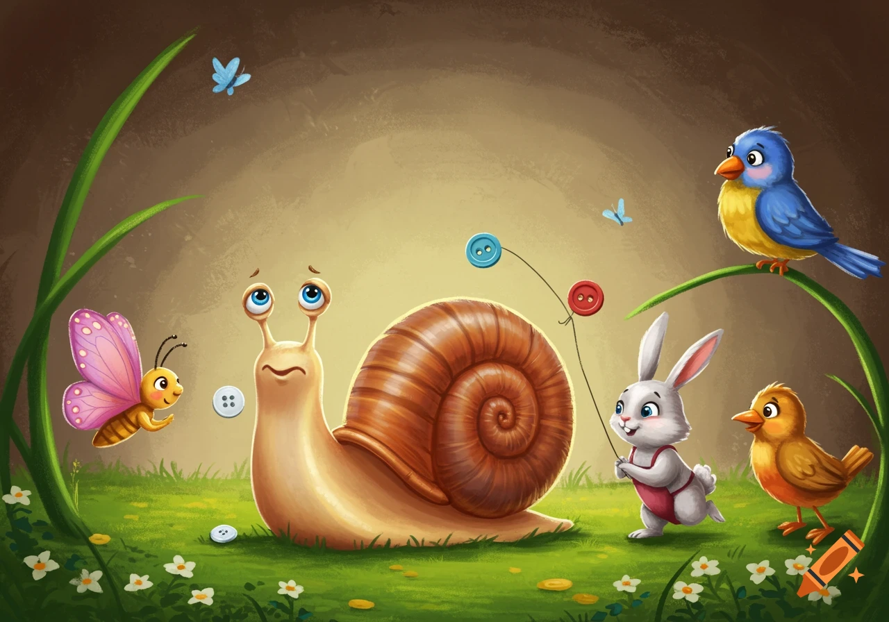 Cartoon illustration of a snail, butterfly, rabbit, and birds in a field with buttons, styled for a children's book.