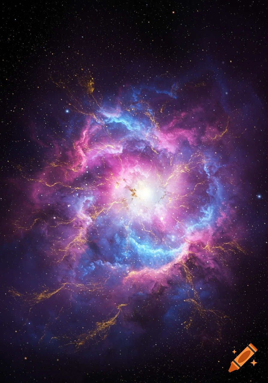 A vibrant, colorful nebula in space with swirling gas and stars.