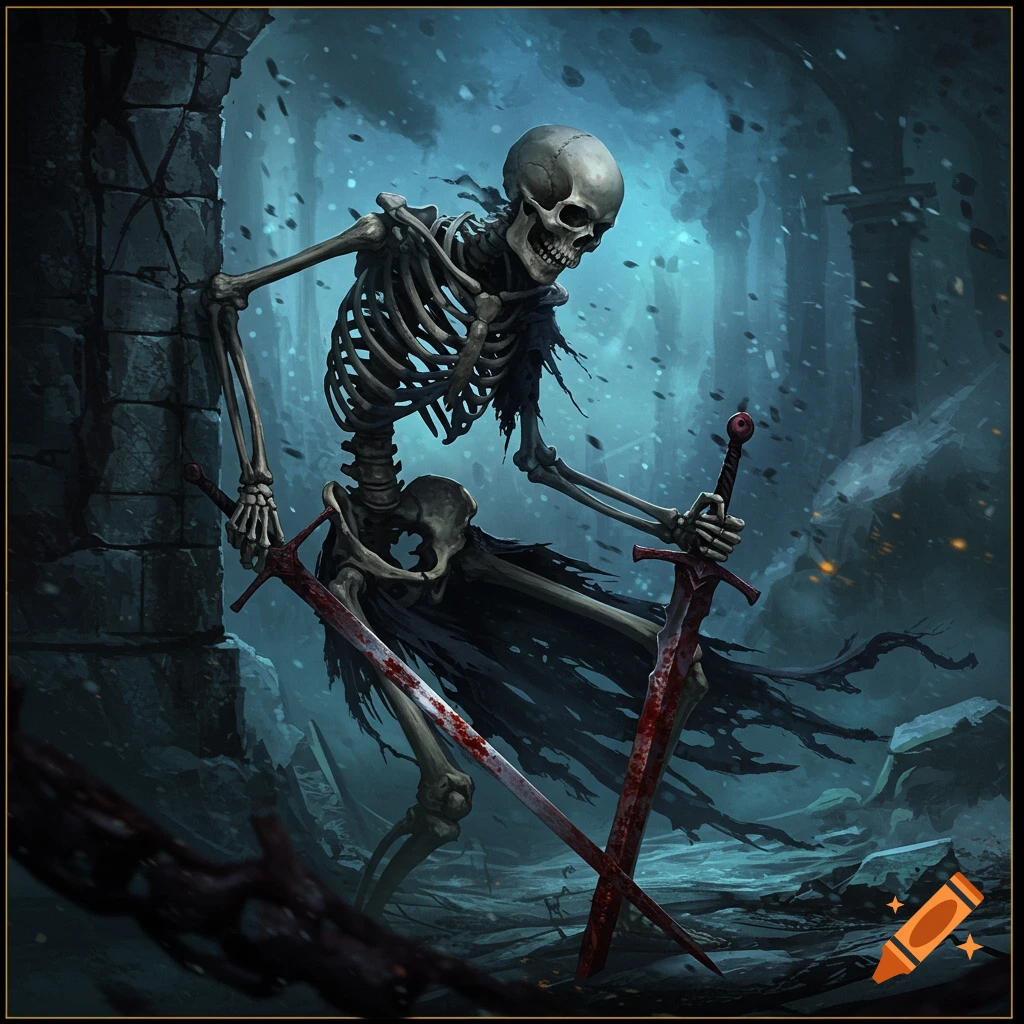 A skeletal figure holding two bloody swords in a ruined environment, dark fantasy art.