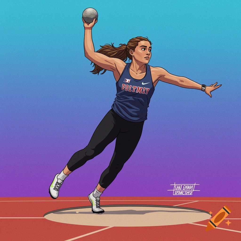 Stylized illustration of a female athlete throwing a shot put in a track and field ring.