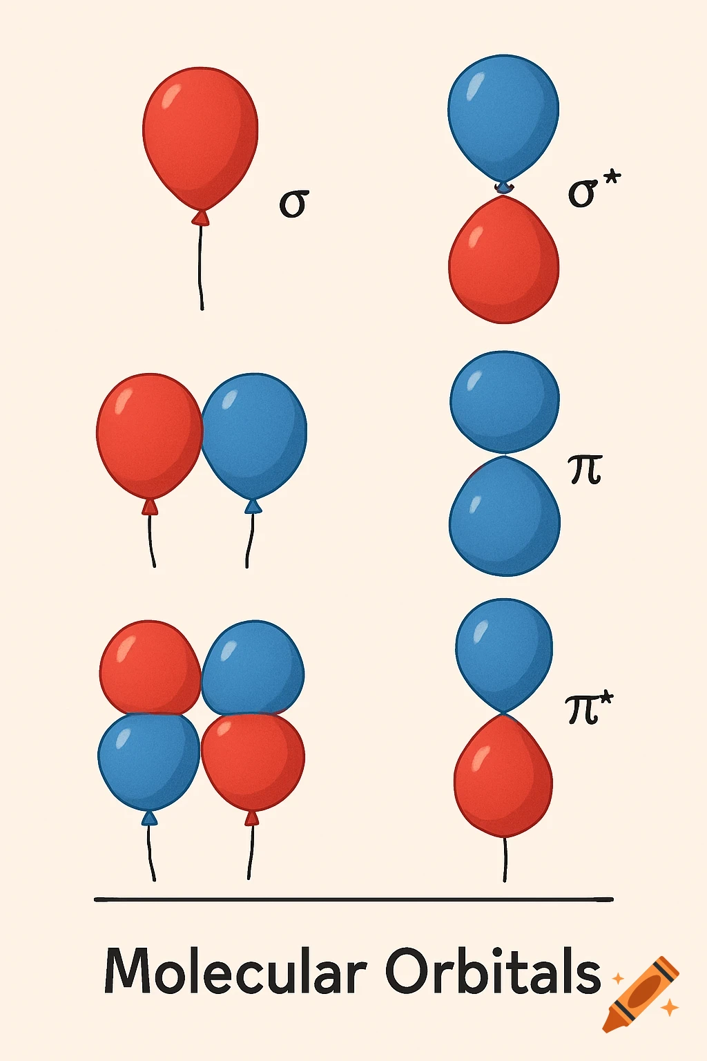 Diagram showing molecular orbitals (sigma and pi) represented by red and blue balloons, labeled with symbols.