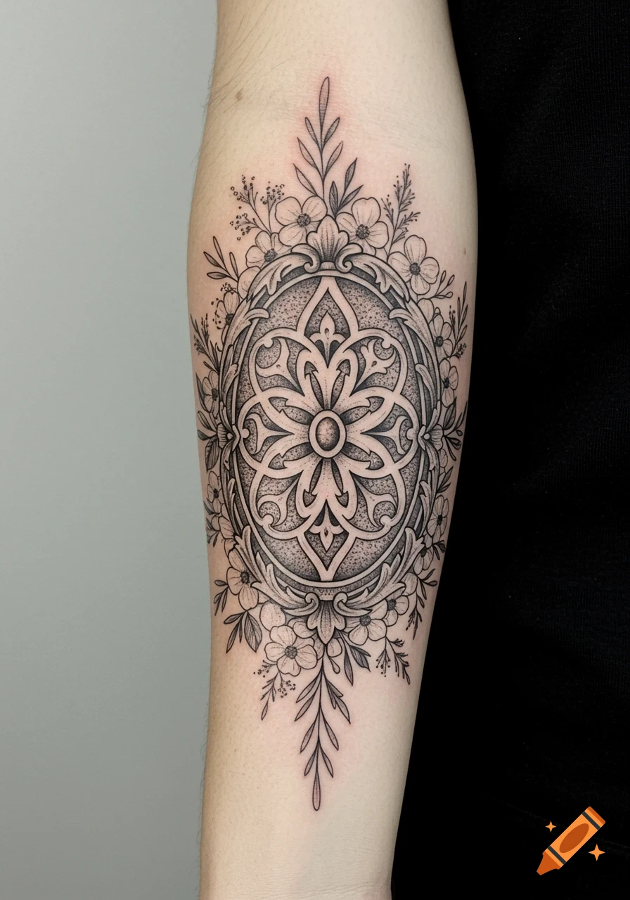 Detailed black and grey floral and ornamental tattoo on a forearm.