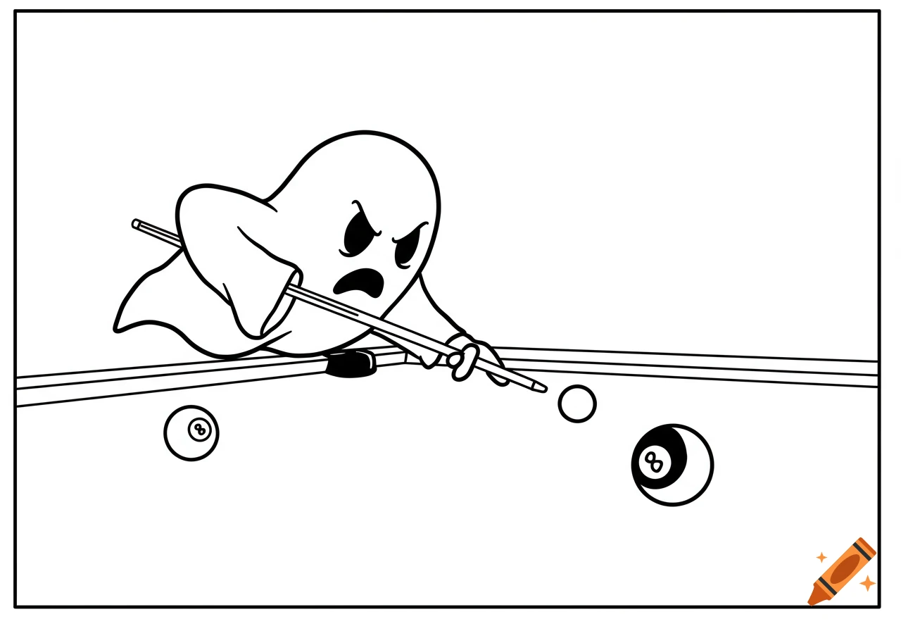Black and white line drawing of a cartoon ghost playing pool and aiming at the 8-ball.