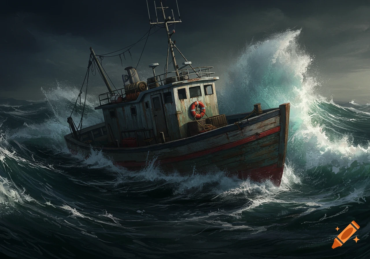A fishing boat is tossed by large waves in a dark, stormy sea.