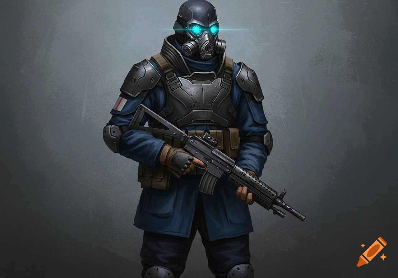 A futuristic soldier in a blue uniform and gas mask helmet holding a rifle.