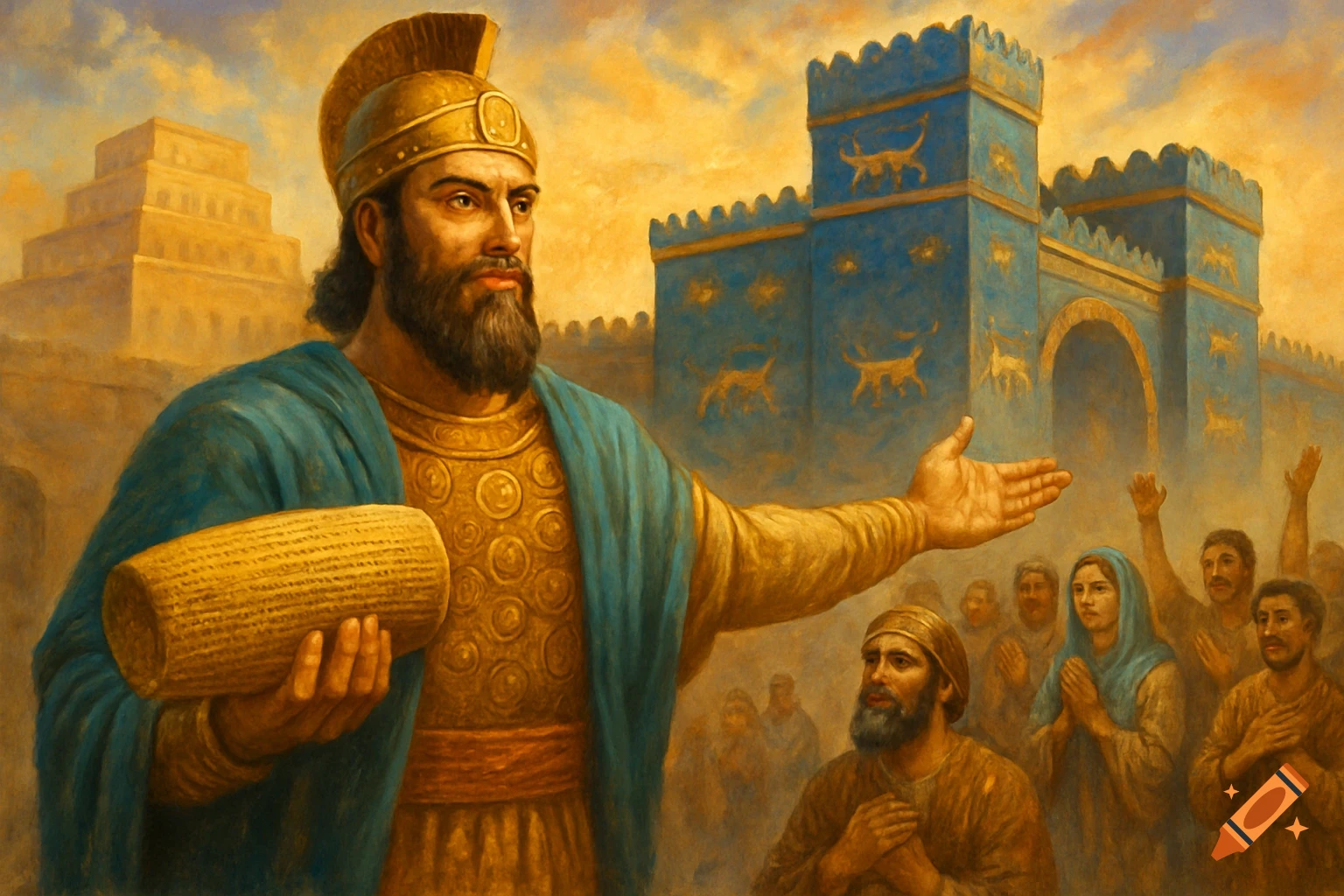 Painting of ancient king holding a cuneiform cylinder before a crowd and city gate