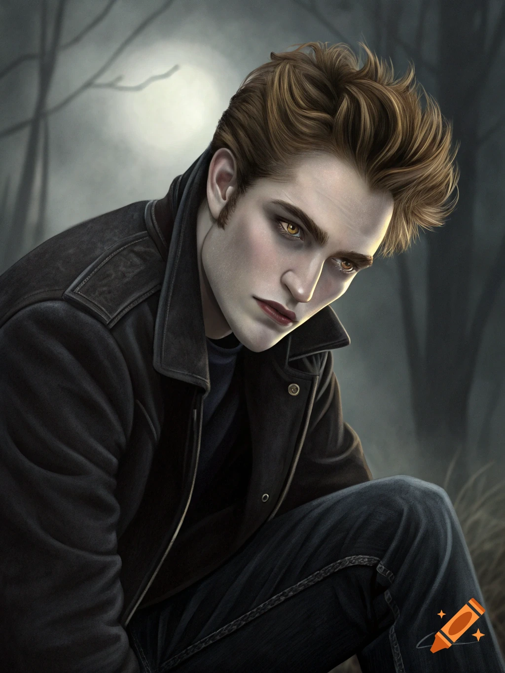 A pale-skinned man with golden eyes and dark hair wearing a black jacket sits in a dark forest at night. Digital illustration.