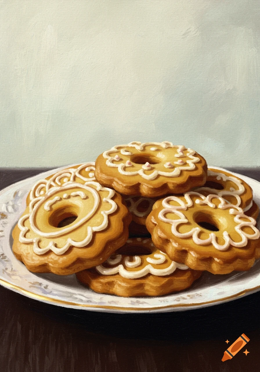 A plate piled high with decorated Imperial Cookies in a painting style.