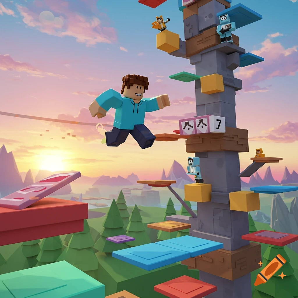 A blocky character jumps between platforms on a tall tower in a Roblox-style game at sunset.