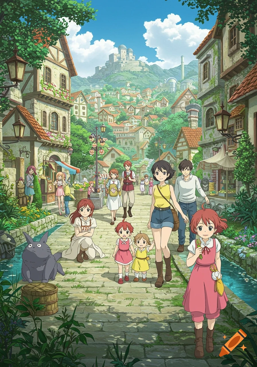 Anime style illustration of a lively town street with people, a creature, and a castle on a hill in the background.