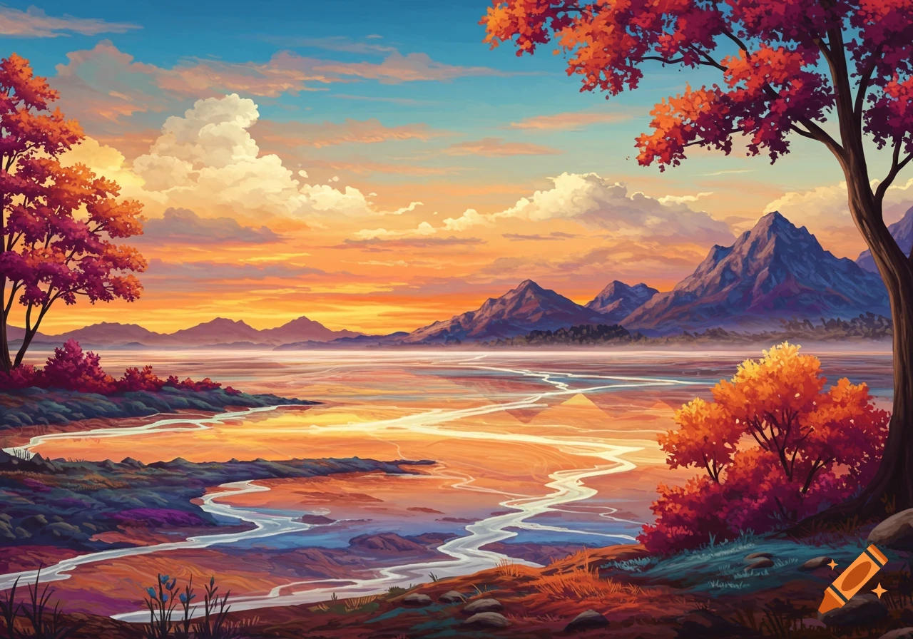 A colorful landscape painting of a river winding through