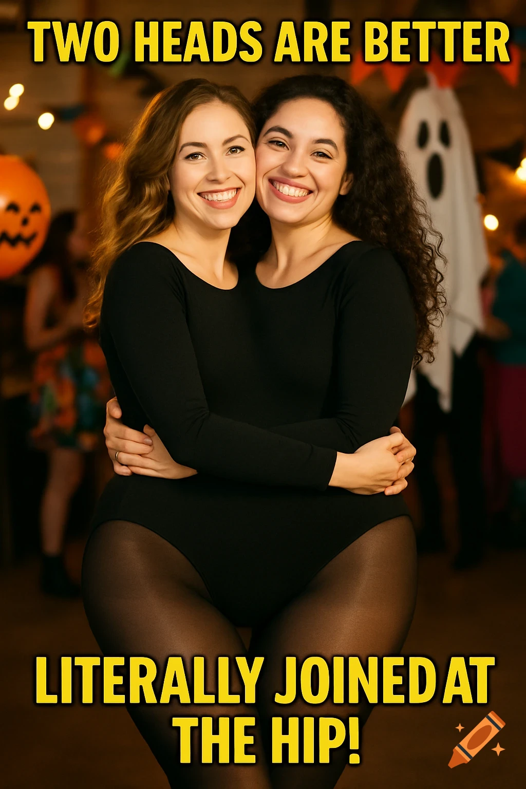 Two women sharing one body with two heads at a Halloween party, creating an illusion, with text overlay.