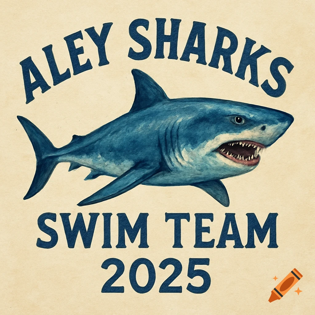 Watercolor illustration of a blue shark with the text ALEY SHARKS above and SWIM TEAM 2025 below.