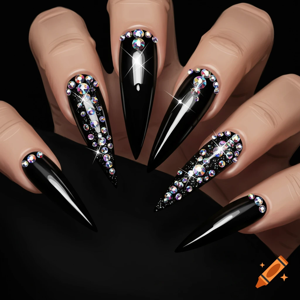 Close-up of hands with long black stiletto acrylic nails decorated with shimmering rhinestones.