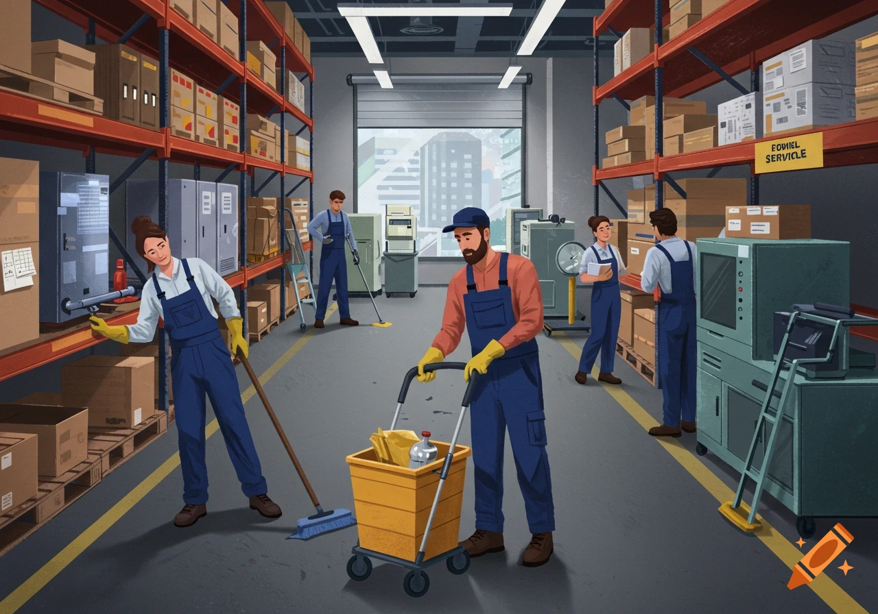 Illustration of a cleaning service team working in a warehouse