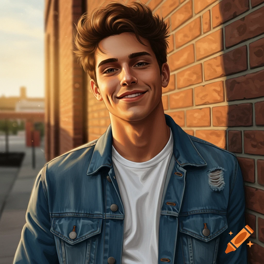 A young man with brown hair and a denim jacket smiles while leaning against a brick wall in the sunlight.