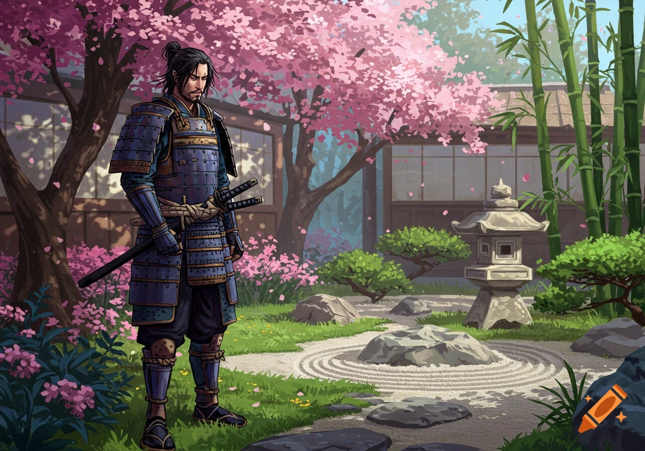 A samurai stands in a Japanese garden with cherry blossoms and bamboo trees.