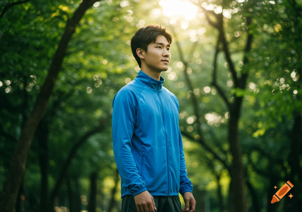 Young man in a blue athletic jacket stands in a sunlit park.