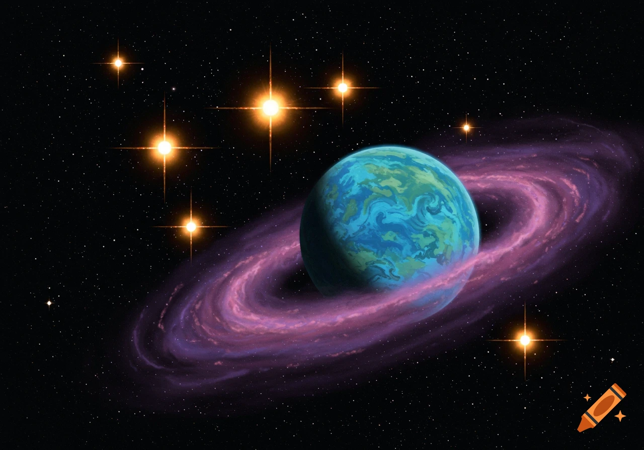 Colorful planet with a pink ring system and stars in space.