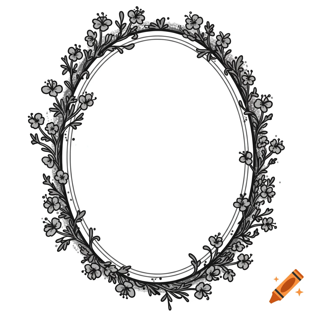 Black and grey cartoon floral oval frame with wildflowers.