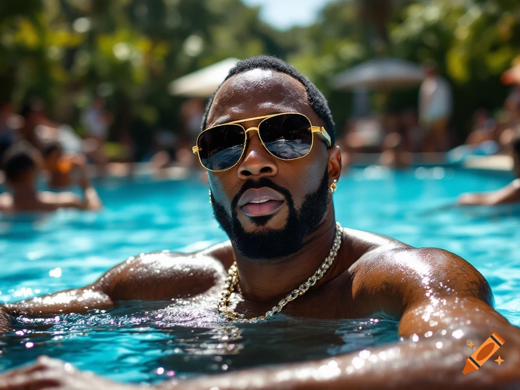 Man in sunglasses and gold chain partially submerged in a pool at a party. Photorealistic.
