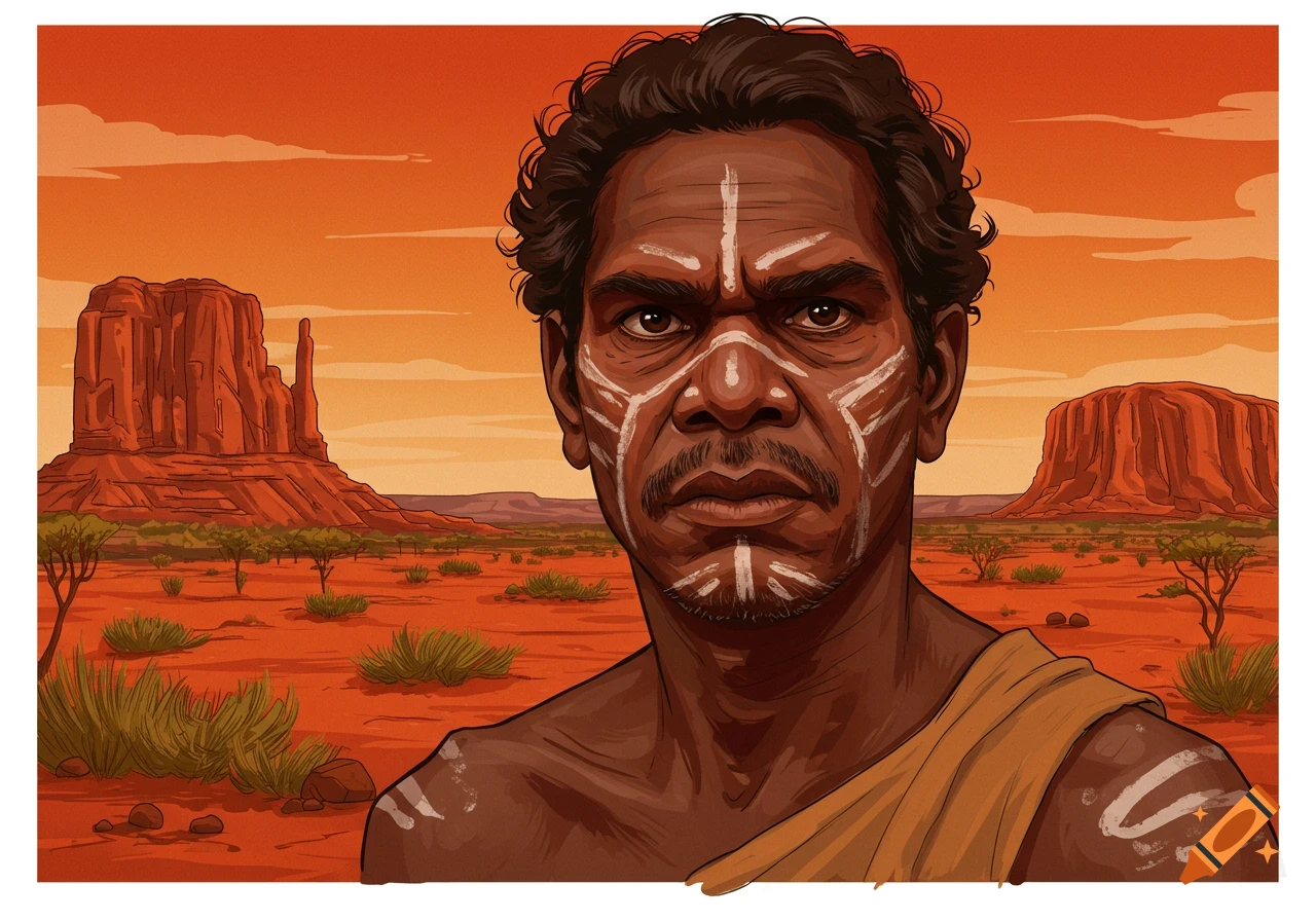Illustration of Indigenous Australian man with face paint in desert landscape
